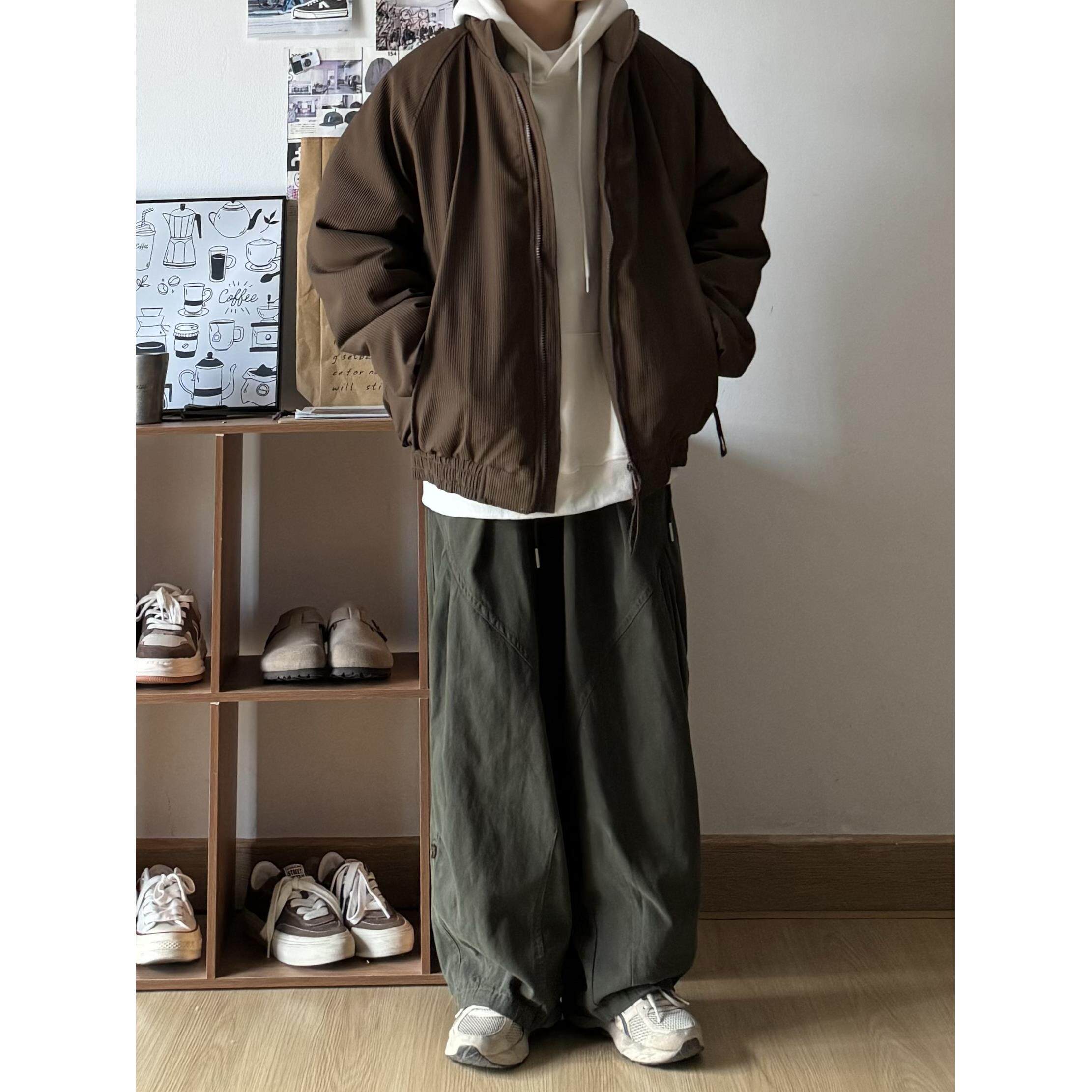 B东日系男装复古纯色宽松工装裤阔腿百搭松紧腰设计休闲长裤子男