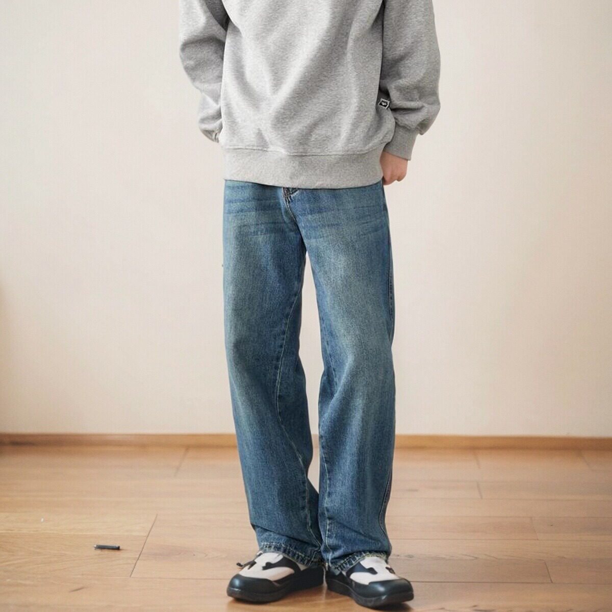 直筒牛仔裤男夏季2025新款宽松简约复古水洗做旧拖地阔腿裤子男款