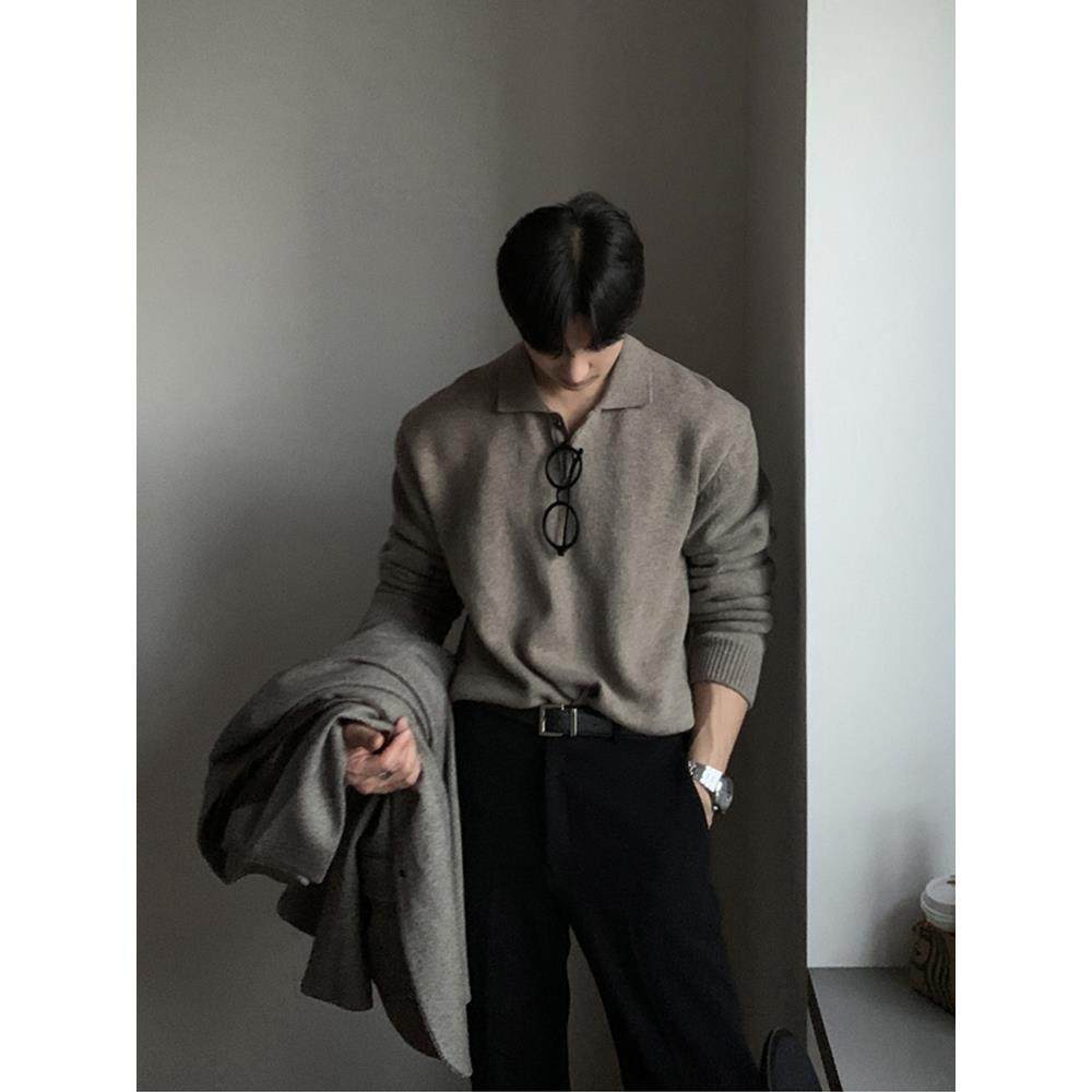 潮流新款东大门韩国男装翻领毛衣男设计师polo领亲肤宽松针织衫