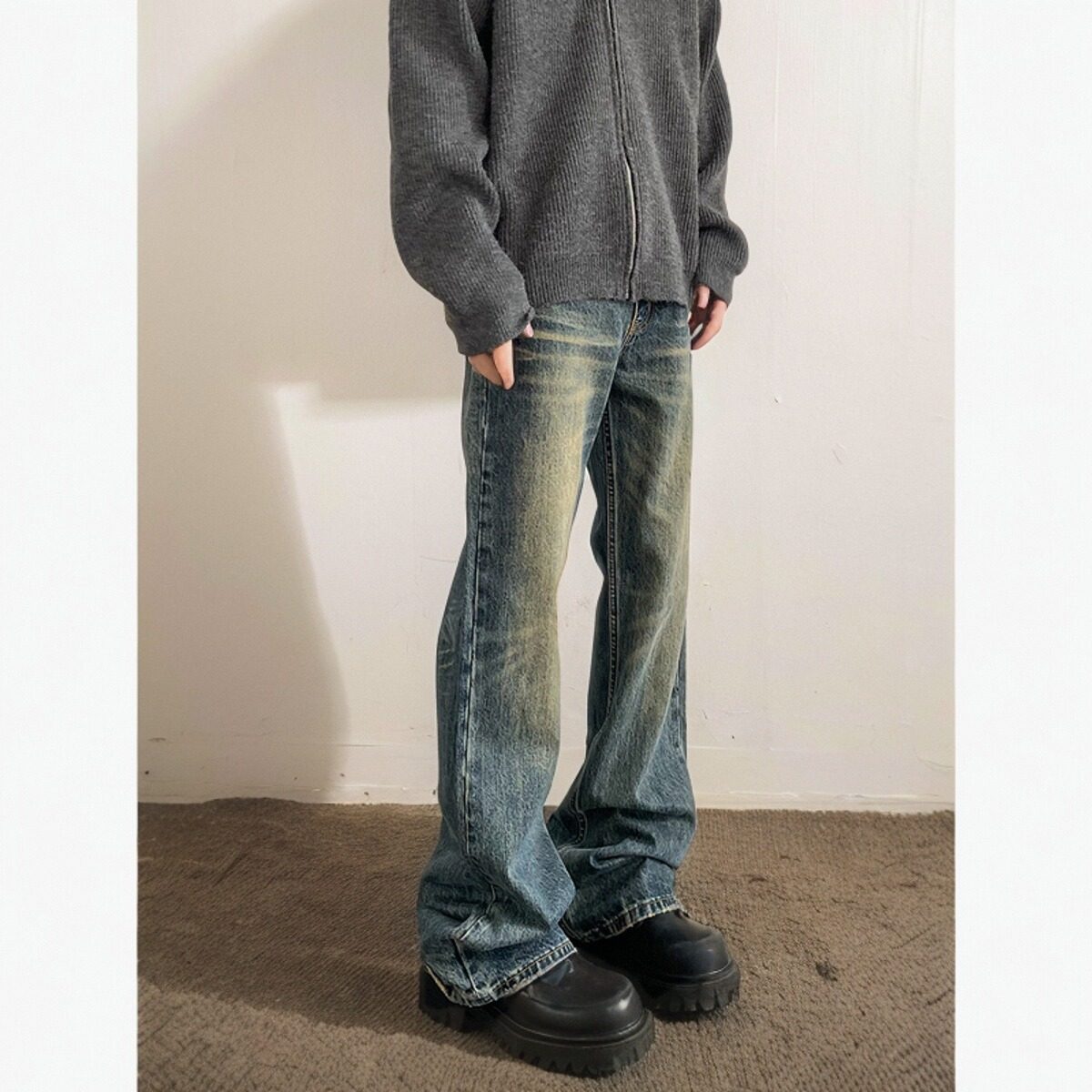 美式高街vibe复古水洗做旧牛仔裤男潮直筒微喇显瘦cleanfit长裤子