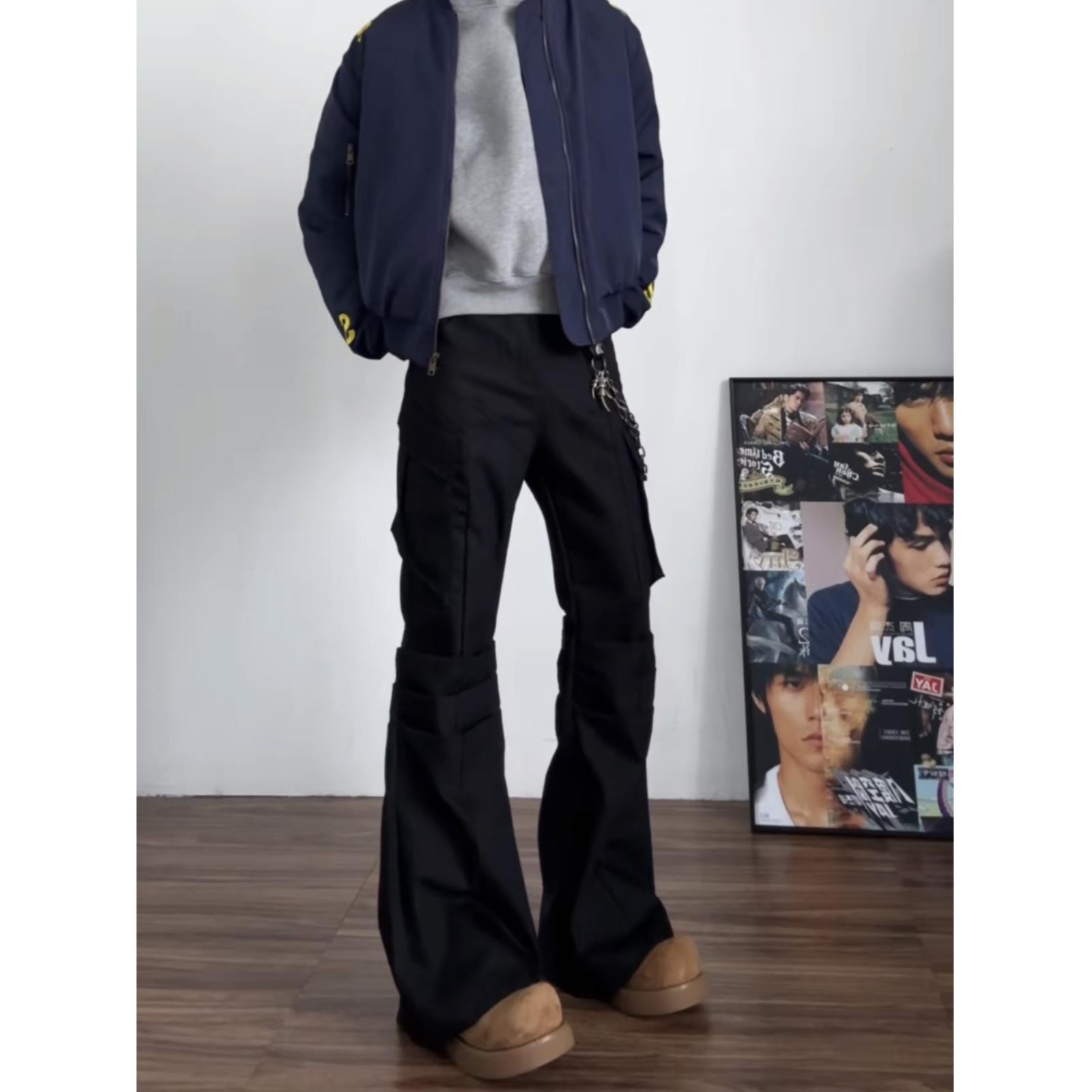 美式黑色微喇工装裤男cleanfit高街直筒阔腿喇叭裤子秋季加长西裤