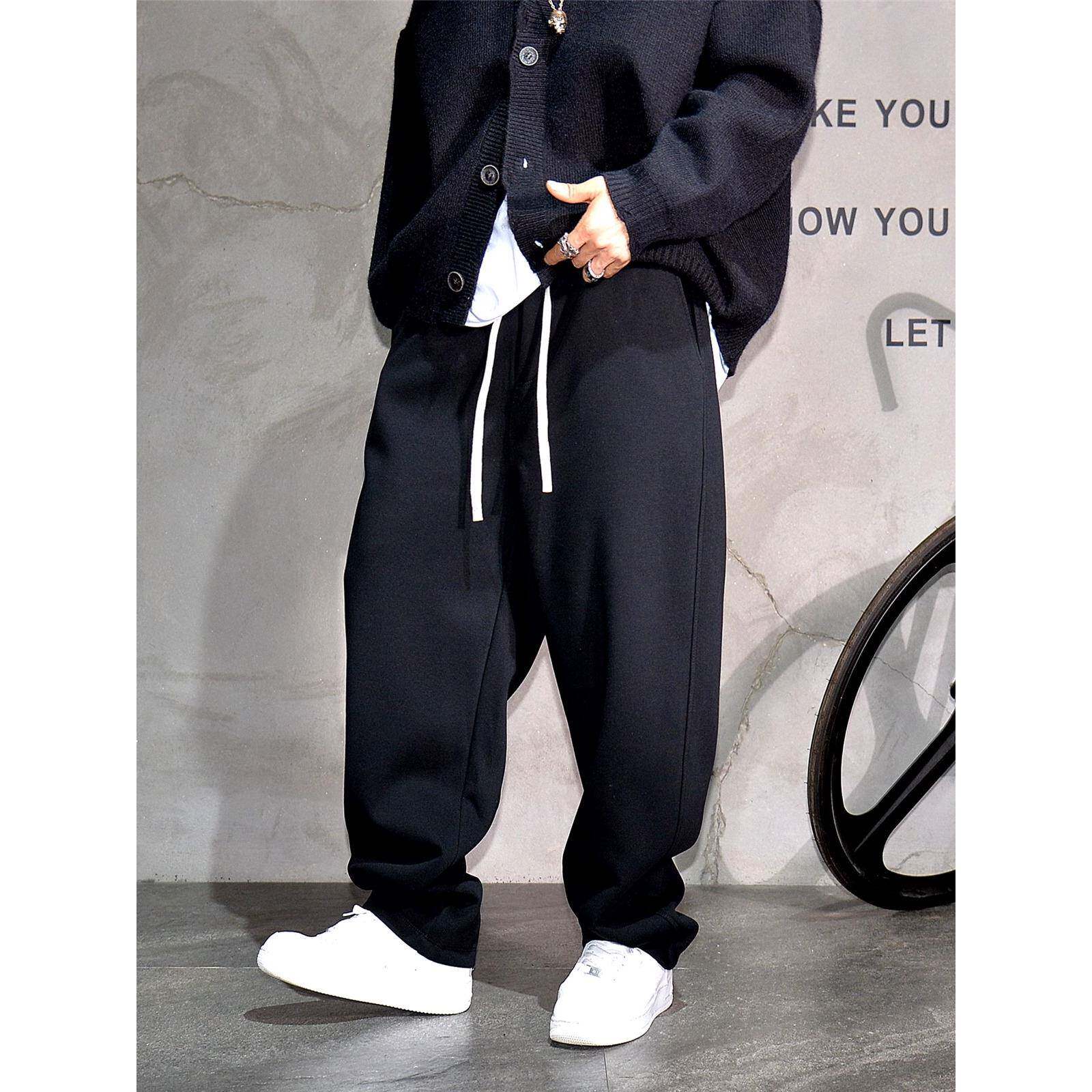 黑色简约宽松直筒针织运动裤男潮牌阔腿弯刀裤加绒加厚垂坠感卫裤