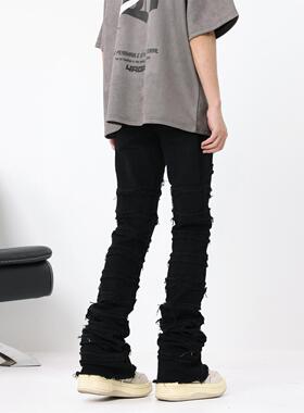 BTSG美式糜烂破坏毛边高街牛仔裤男ins嘻哈潮牌vintage显瘦长裤子