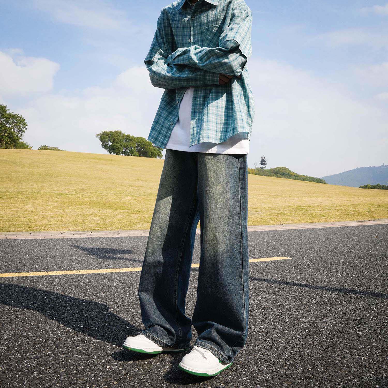 GOGOSOON牛仔裤男2026新款春秋直筒宽松美式复古高街阔腿水洗做旧