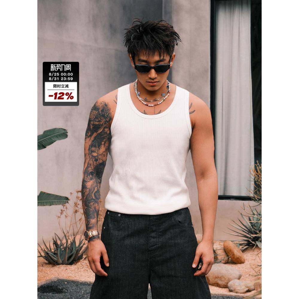 RESERFF 立体坑条微弹针织螺纹纯棉工字打底无袖背心男款潮流痞帅