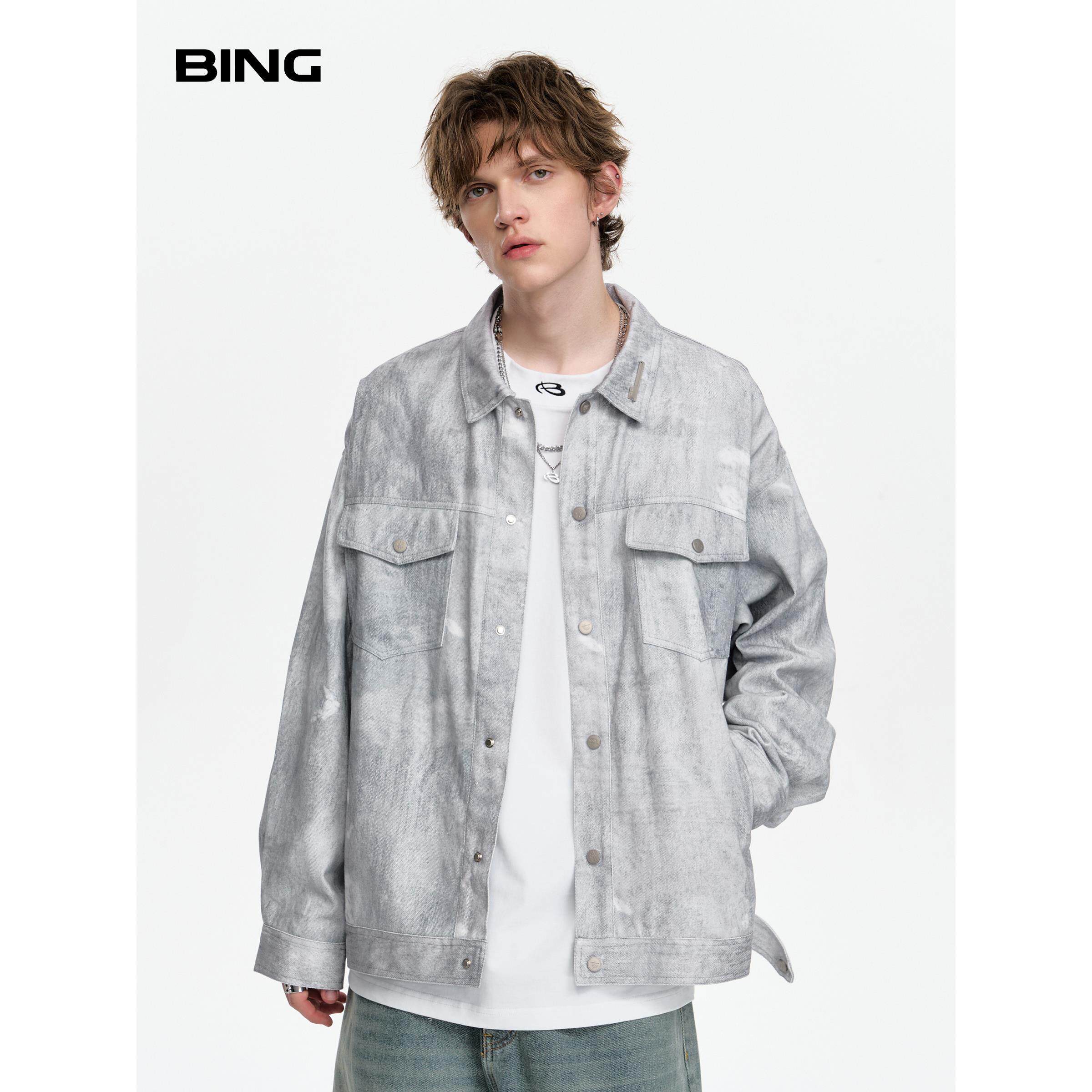 BING 美式复古扎染牛仔外套男2026春季新款潮牌vintage做旧夹克衫