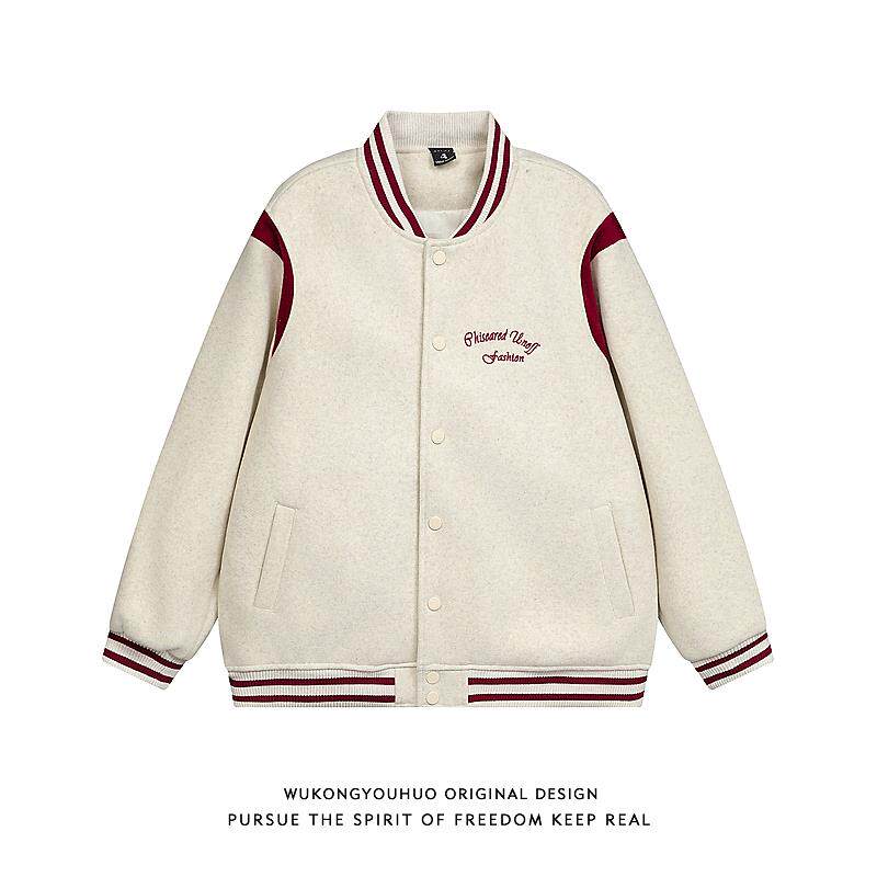 悟空有货美式复古刺绣撞色毛呢棒球服男女秋季宽松情侣装休闲外套