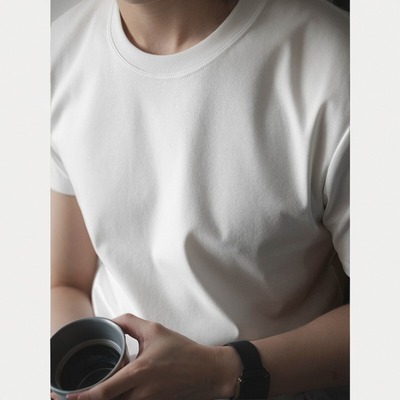 高端双面丝光液氨凉感男士纯白色正肩圆领短袖T恤夏季纯棉打底衫