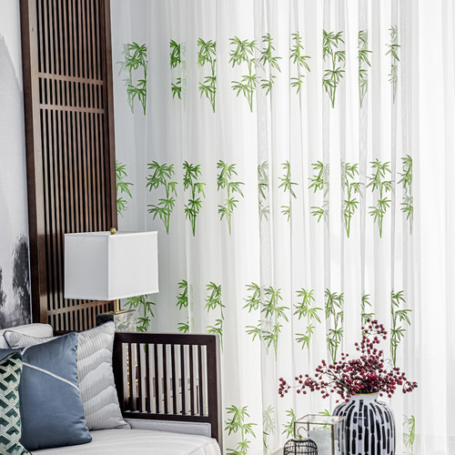 新中式窗帘绿色竹子纱帘书房窗纱