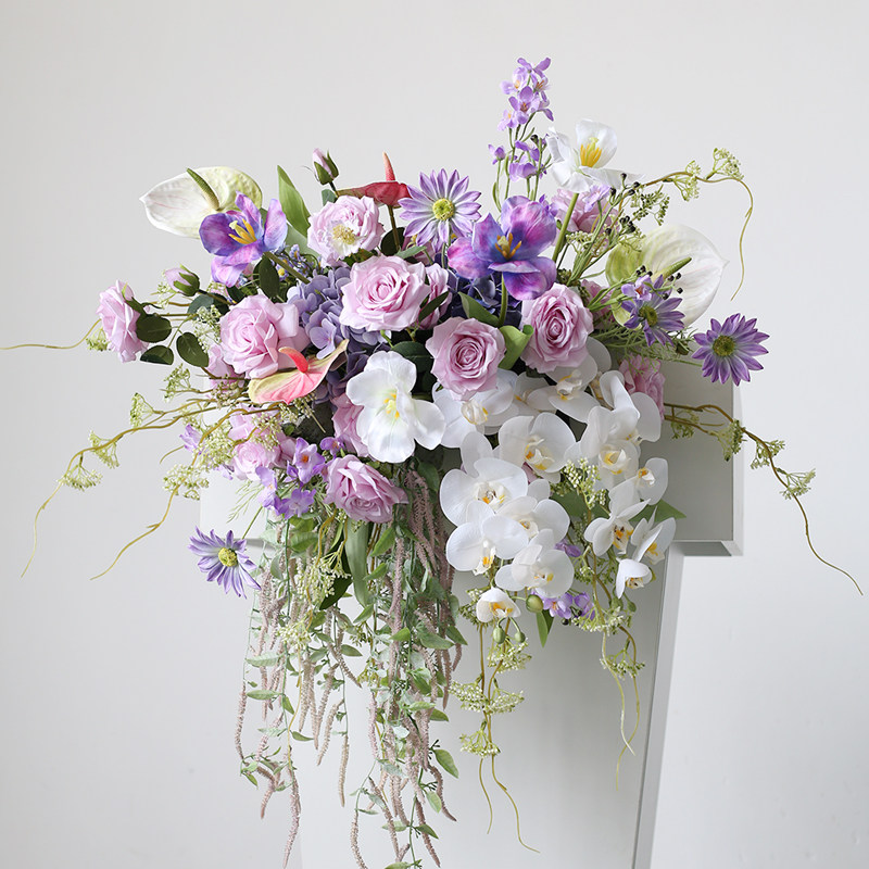 高级紫讲台花束仿真花艺装饰婚礼主持台挂花演讲主席宴会布置假花