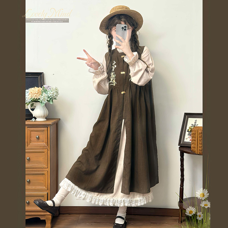 浣溪阁【铃兰谷】明制刺绣对襟长比甲立领连衣裙原创改良汉服女