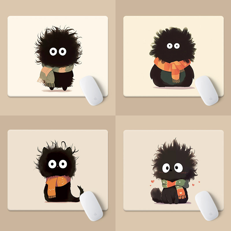 卡通小号鼠标垫简约女黑煤球锁边办公桌垫笔记本电脑键盘垫滑鼠垫