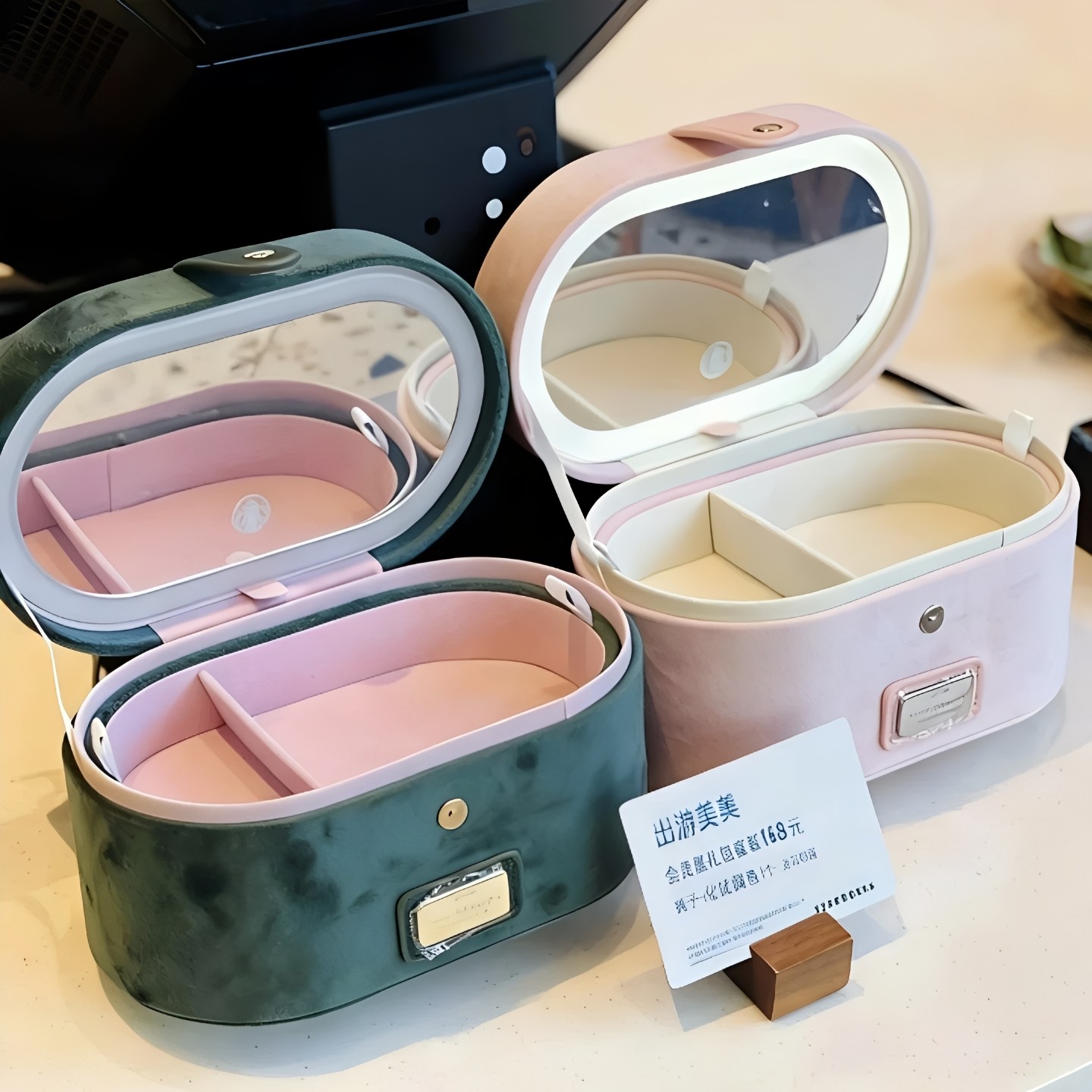 星巴克化妆盒化妆镜LED灯双层便携时尚迷你粉绿分区首饰收纳盒高