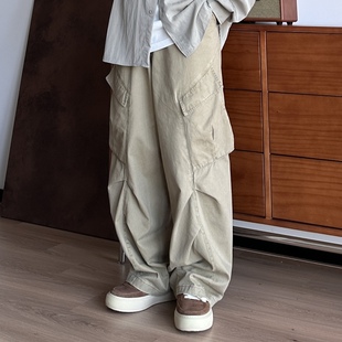 男女中性垂感闊腿褶皺褲 B東日系男裝 復古水洗寬松多口袋工裝 褲 子