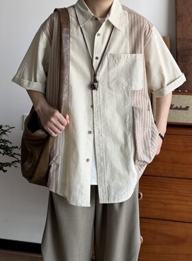 B东日系男装复古泡泡纱拼接条纹短袖衬衫男女宽松设计感衬衣外套