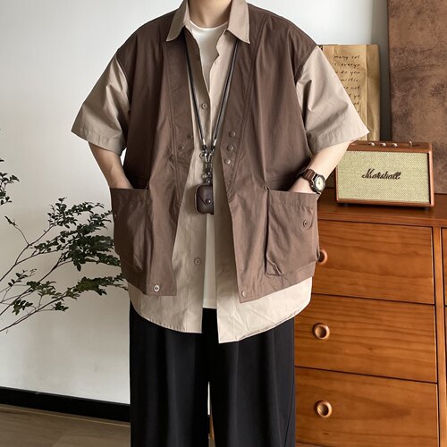 B东日系男装复古撞色拼接假两件工装短袖衬衫男女百搭衬衣外套