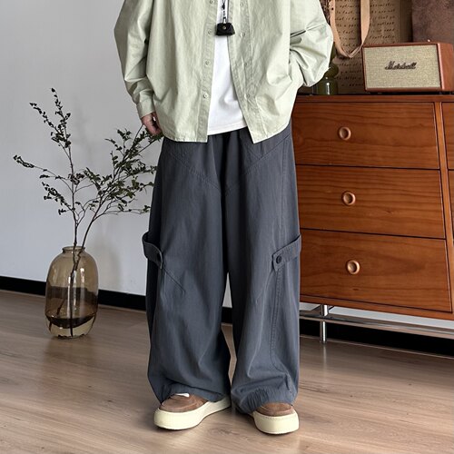 BUTQIU日系复古纯色褶皱抽绳工装裤男女直筒阔腿裤宽松休闲长裤