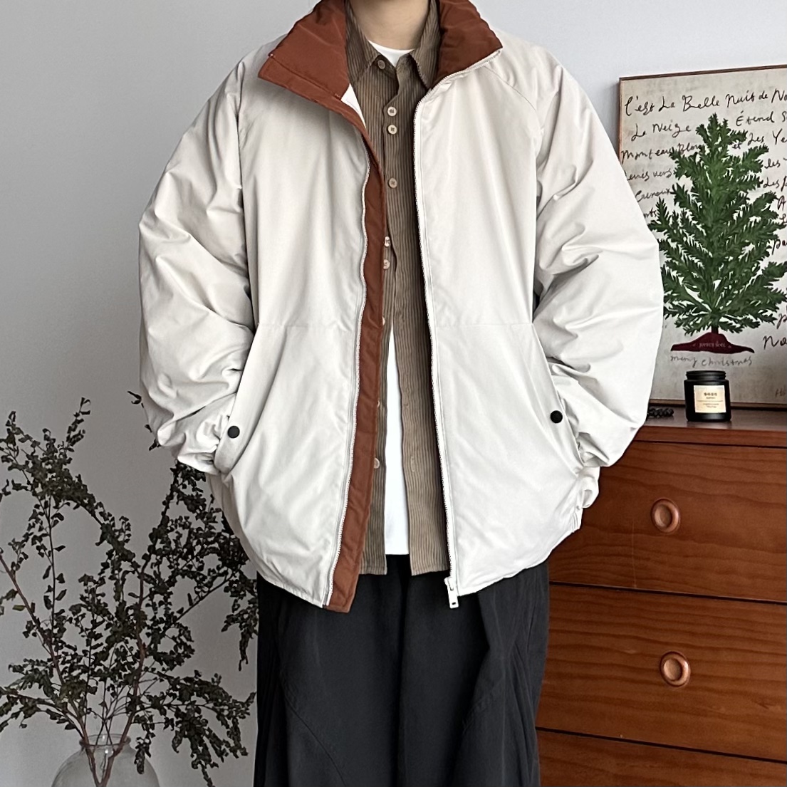 BUTQIU日系冬季保暖简约焦糖色宽松立领棉衣男纯色百搭棉服外套