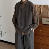 宽松文艺复古叠穿马甲 v领针织衫 B东日系男装 秋冬毛衣背心男女无袖