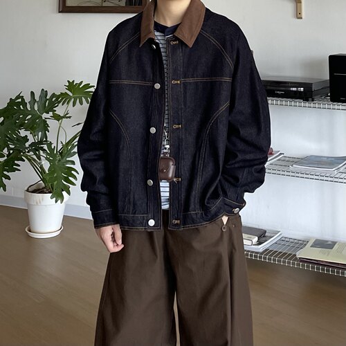 BUTQIU日系灯芯绒领口牛仔外套男女春秋工装帅气短款小个子夹克