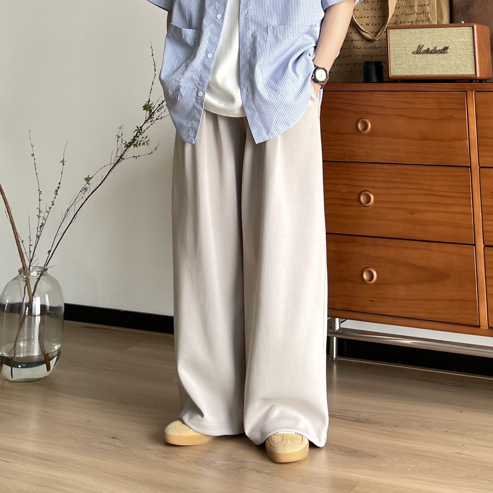 BUTQIU日系基础松弛纯色松紧腰卫裤男生春秋长裤子宽松运动休闲裤