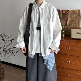 男宽松休闲衬衣外套 衬衫 B东日系男装 秋冬复古格子拼接假两件长袖
