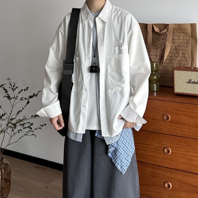 B东日系男装秋冬复古格子拼接假两件长袖衬衫男宽松休闲衬衣外套