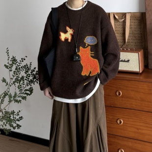 BUTQIU日系复古秋冬加厚保暖卡通提花圆领针织衫套头毛衣男女上衣