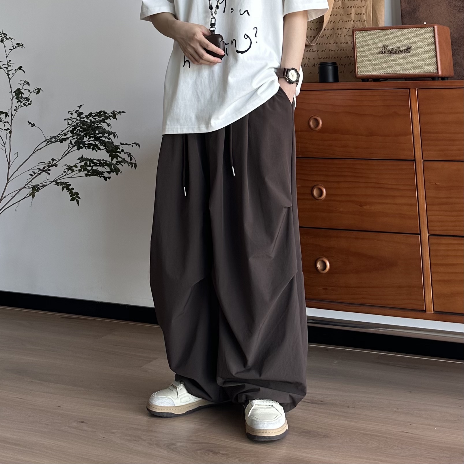 B东日系男装复古纯色宽松褶皱阔腿裤伞兵薄款中性百搭休闲长裤子