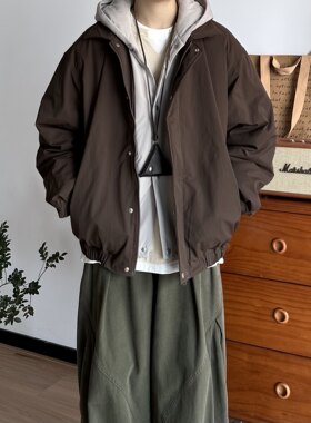 BUTQIU日系复古秋冬日杂风假两件羽绒服连帽外套情侣工装加厚上衣
