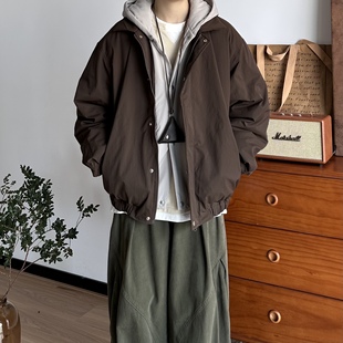 BUTQIU日系复古秋冬日杂风假两件羽绒服连帽外套情侣工装加厚上衣