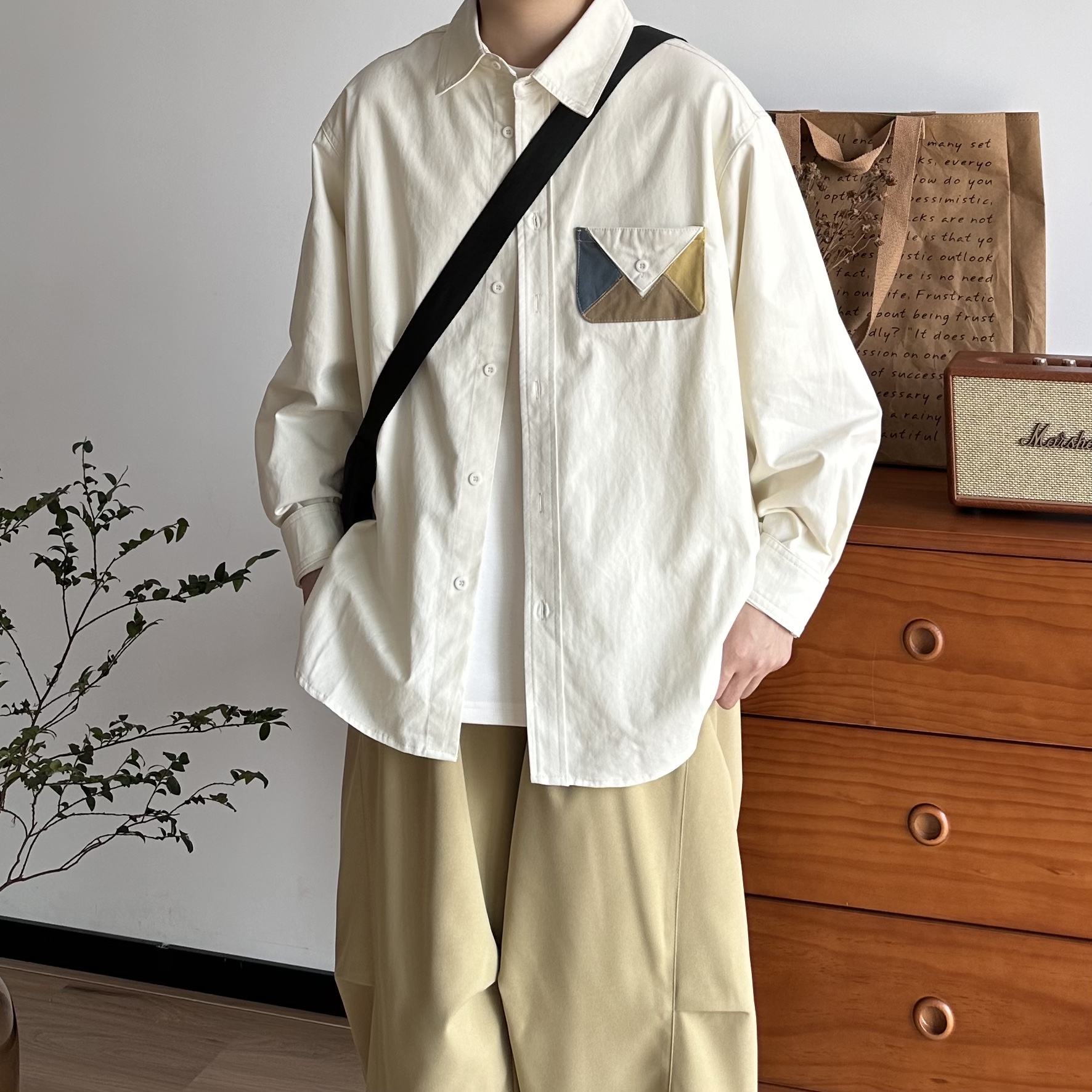 BUTQIU日系复古拼色口袋长袖衬衫男少年感质感廓形宽松休闲衬衣