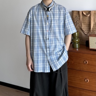 BUTQIU日系清爽少年感浅蓝格子短袖衬衫男女夏季宽松休闲衬衣