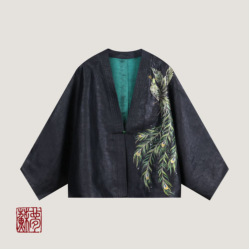 {苏梦}【沧翎赋】手绘香云纱V领上衣01031936
