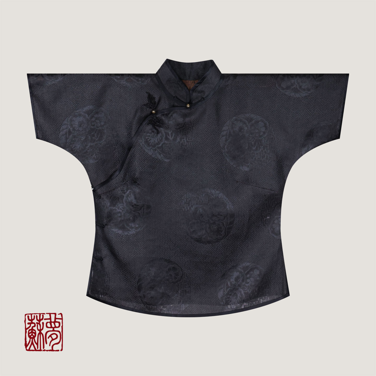 {苏梦}【意相容】香云纱团花罗立领斜襟上衣0103104