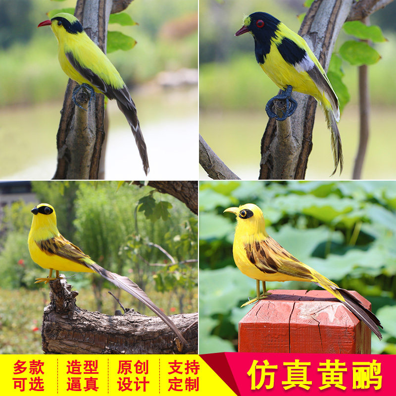 新品仿真黄鹂鸟真羽毛摆件手工彩色小鸟家居创意装饰教学摄影道具
