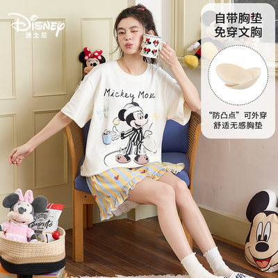 Disney迪士尼夏季新款套头短袖短裤纯棉带胸垫卡通舒适家居服0281