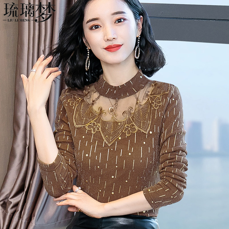 2020年新款秋冬季加绒蕾丝打底衫女长袖网纱内搭上衣女士早秋小衫