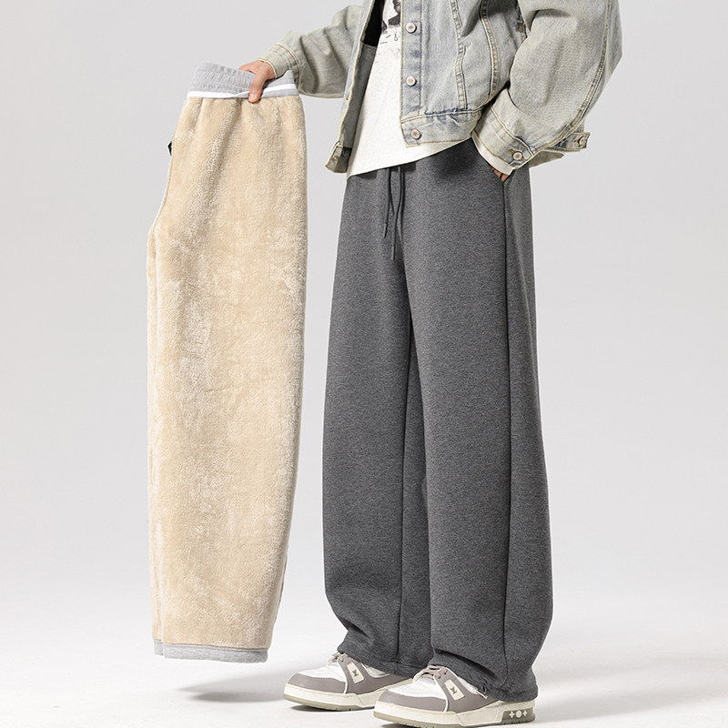 羊羔绒卫裤男冬季潮牌加绒加厚防寒弯刀裤宽松直筒休闲运动长裤子