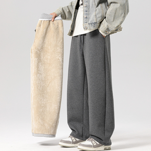 羊羔绒卫裤男冬季潮牌加绒加厚防寒弯刀裤宽松直筒休闲运动长裤子