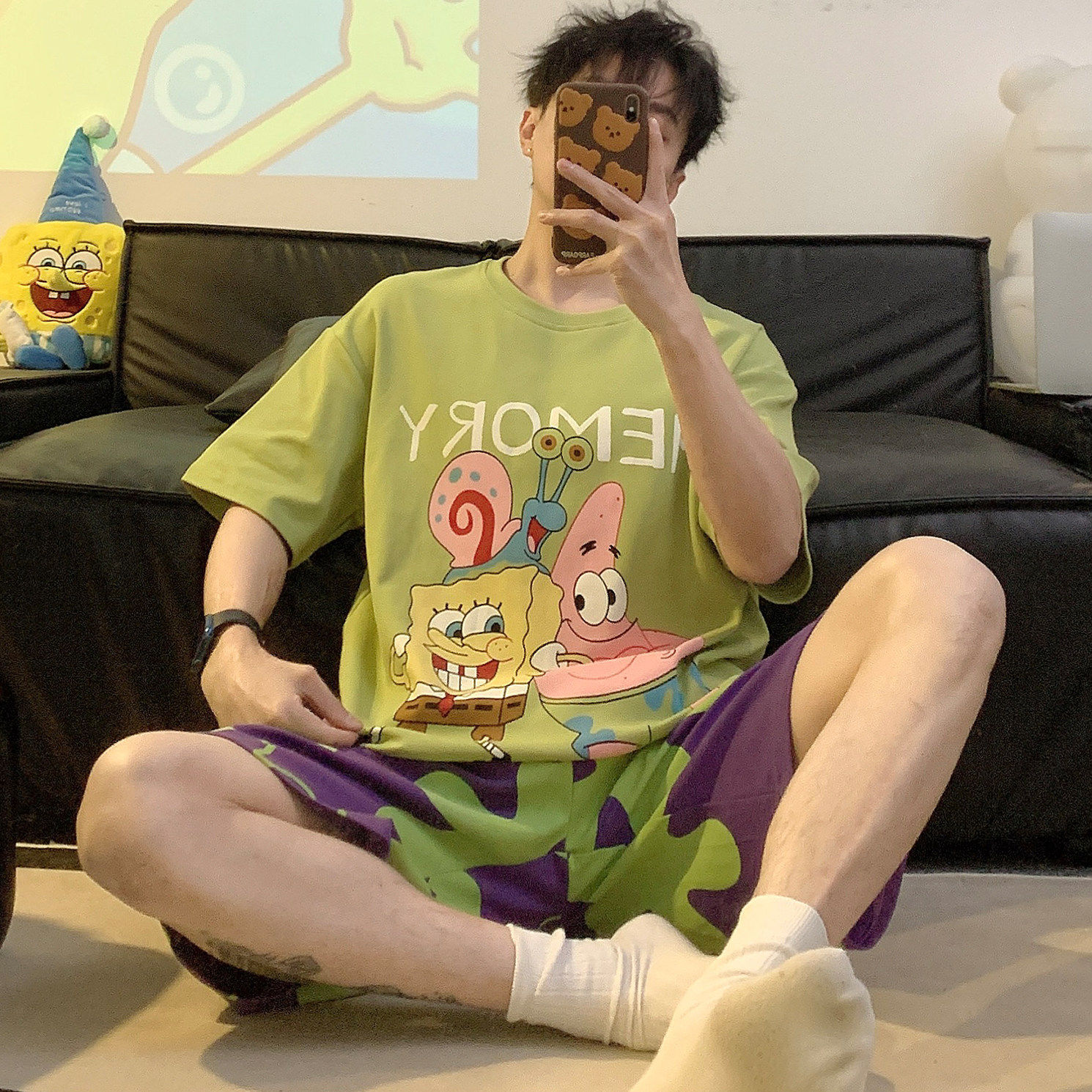 睡衣男士夏季薄款青少年卡通海绵宝宝短袖短裤家居服宽松大码套装