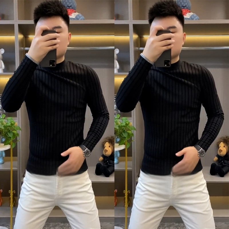 条纹长袖T恤男士秋冬季潮牌痞帅高级感修身休闲百搭半高领打底衫