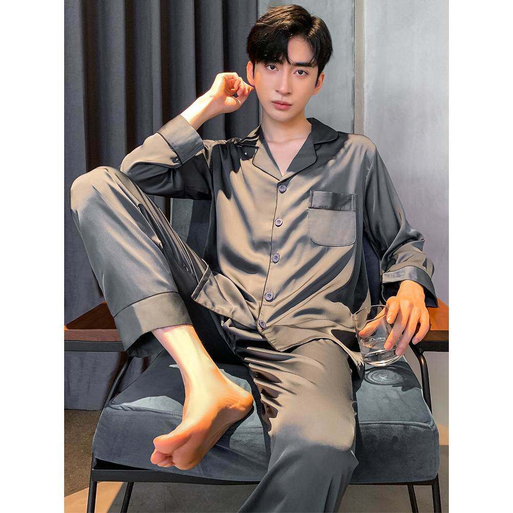 男士睡衣春夏季薄款高级感冰丝家居服可外穿长袖衬衫长裤休闲套装