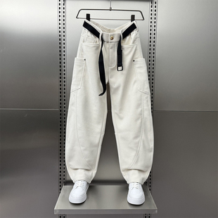 米色休闲裤男秋冬季潮牌痞帅设计感阔腿弯刀裤宽松加绒加厚长裤子