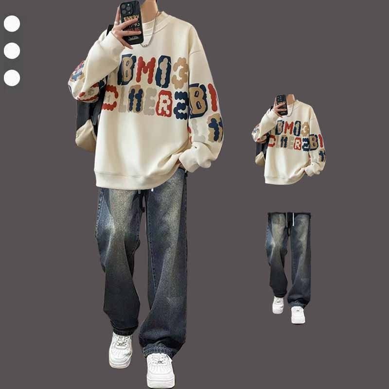 卫衣套装男春秋冬季新款潮牌一套搭配牛仔裤青少年痞帅穿搭两件套