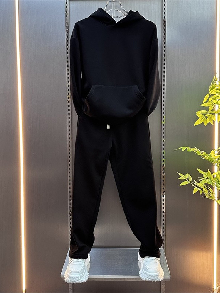 休闲运动套装男士春秋冬季潮牌加绒加厚纯色连帽卫衣卫裤穿搭一套