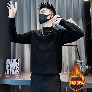 加绒加棉毛衣男款冬季潮牌加厚套头针织衫矮小个子修身保暖打底衫