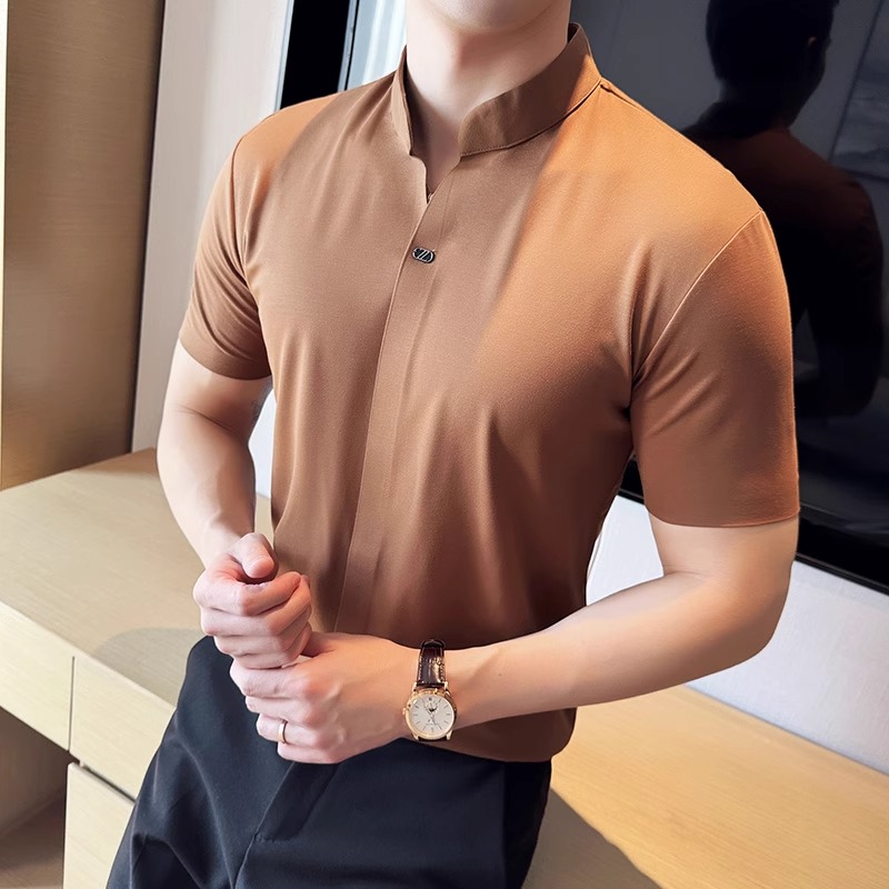 新中式立领polo衫男士短袖夏季高级感痞帅商务修身中山领保罗t恤