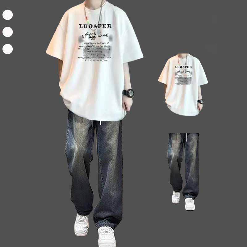 休闲套装男夏季潮牌美式高街宽松短袖T恤牛仔裤青少年穿搭一整套