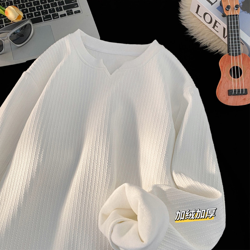 重磅加绒打底衫男士秋冬季潮牌加厚保暖上衣服宽松内搭V领长袖T恤